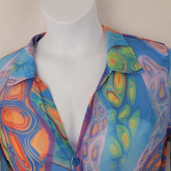POSTER GIRL Womens 2X Mesh Crop Top Blue Orange Tie Dye Button Up Long Sleeve - Picture 2 of 11